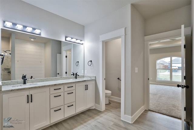 bathroom featuring vanity, toilet, and hardwood / wood-style floors