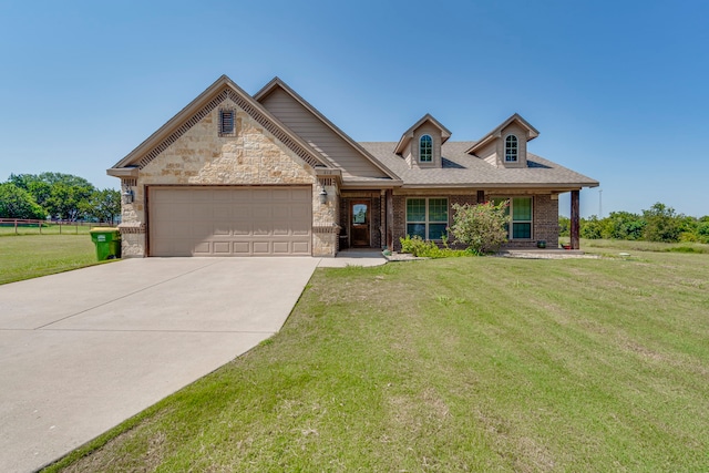 view of front of home with a garage, covered porch, and a front lawn