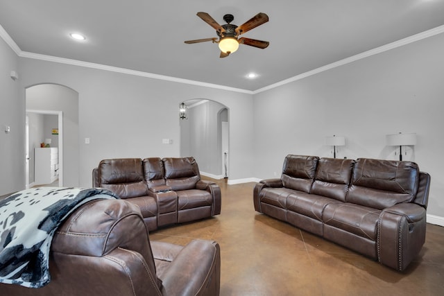 living room featuring ornamental molding and ceiling fan