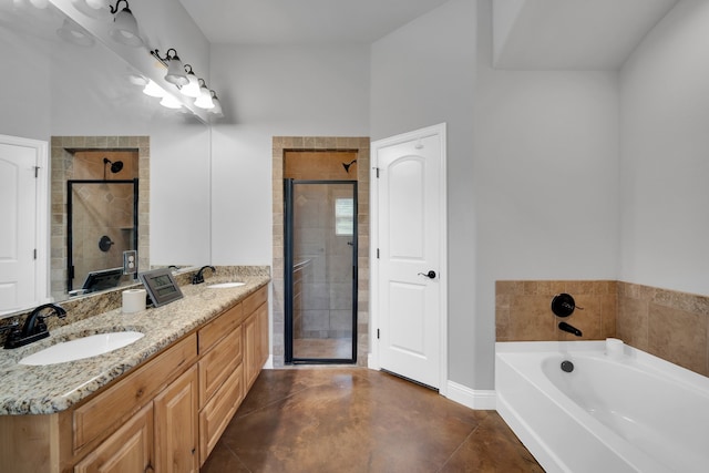 bathroom featuring independent shower and bath and vanity