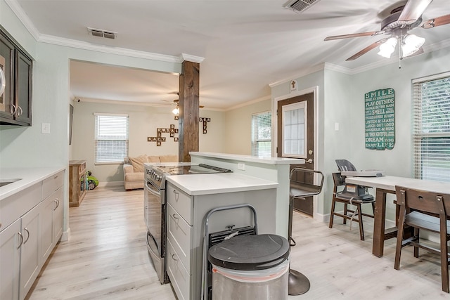 kitchen with electric stove, a wealth of natural light, light hardwood / wood-style floors, and ornamental molding