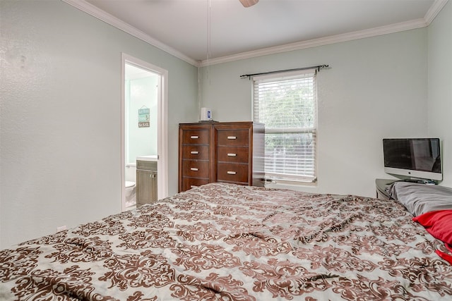 bedroom featuring connected bathroom, ornamental molding, and ceiling fan