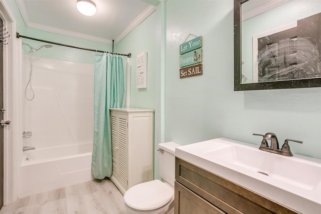 full bathroom with hardwood / wood-style floors, vanity, toilet, ornamental molding, and shower / tub combo with curtain