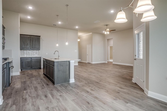 kitchen featuring hanging light fixtures, an island with sink, backsplash, ceiling fan, and sink