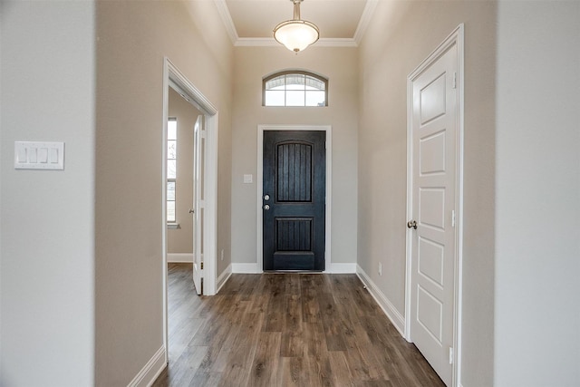 foyer entrance featuring a healthy amount of sunlight, ornamental molding, and dark hardwood / wood-style floors