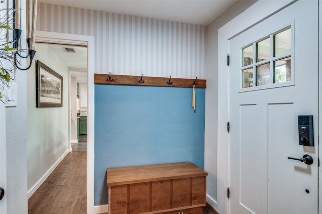 mudroom with dark hardwood / wood-style floors