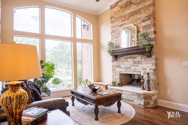 living room featuring hardwood / wood-style floors, crown molding, a stone fireplace, and a towering ceiling