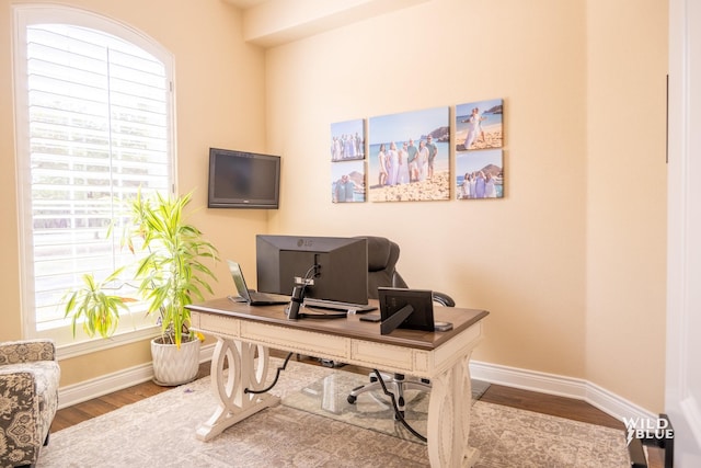 office space with hardwood / wood-style floors