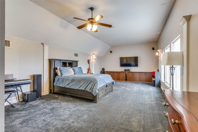 carpeted bedroom with vaulted ceiling and ceiling fan