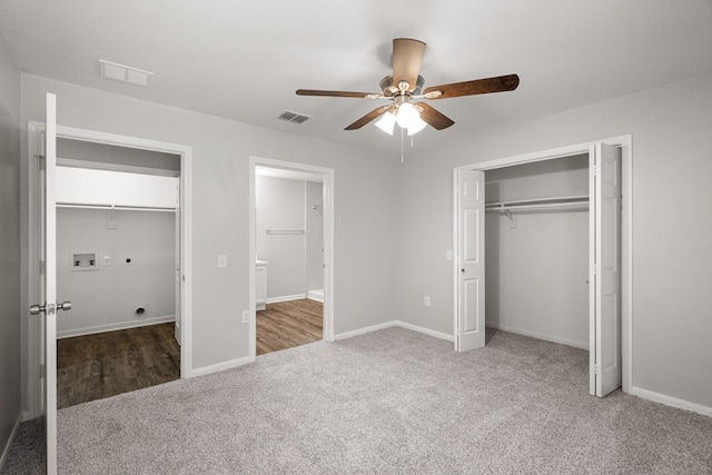 unfurnished bedroom featuring ceiling fan, carpet flooring, and a closet