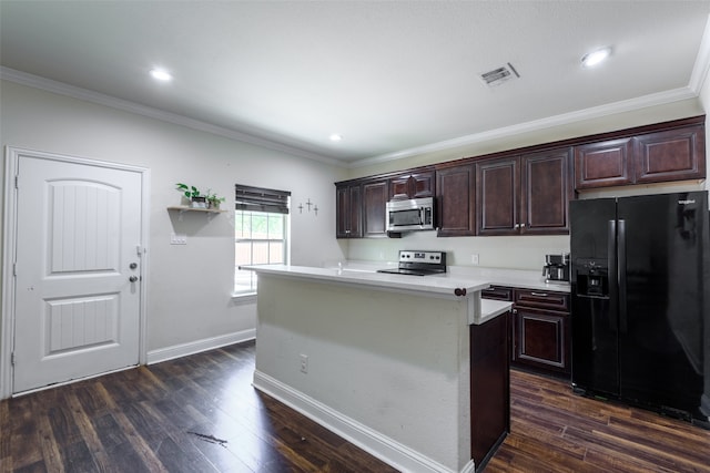 kitchen featuring ornamental molding, dark wood-type flooring, dark brown cabinets, and stainless steel appliances