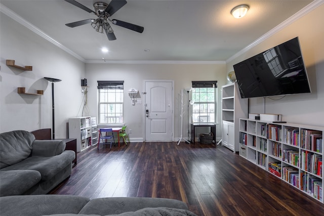 living room featuring ornamental molding, ceiling fan, and dark hardwood / wood-style floors