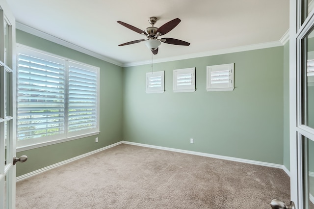 empty room with ceiling fan, ornamental molding, and carpet