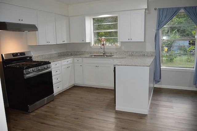 kitchen featuring white cabinets, dark hardwood / wood-style flooring, stainless steel gas stove, and sink