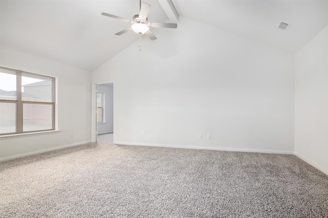 carpeted spare room featuring high vaulted ceiling, ceiling fan, and beamed ceiling