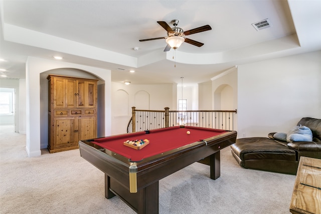 playroom featuring light carpet, a raised ceiling, ceiling fan, and billiards