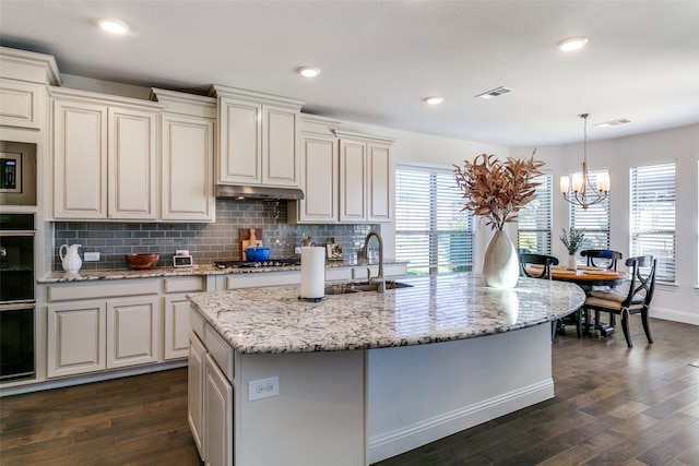 kitchen with dark hardwood / wood-style flooring, a center island with sink, and a wealth of natural light