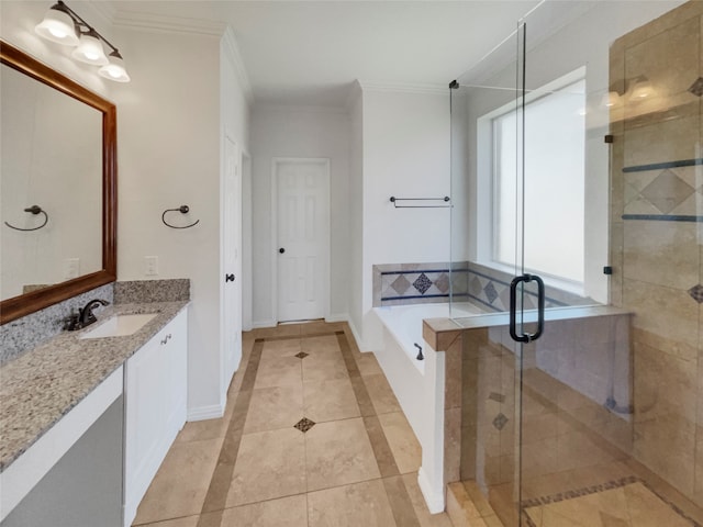 bathroom featuring crown molding, vanity, tile patterned flooring, and shower with separate bathtub