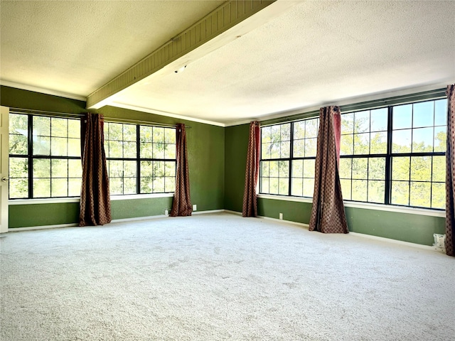 carpeted empty room with beam ceiling and a textured ceiling