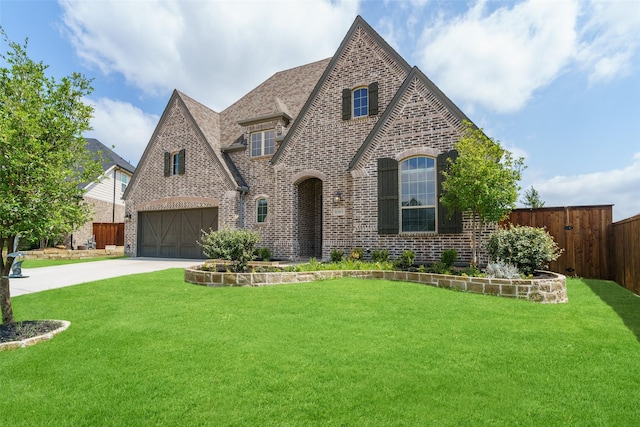 view of front of home with fence, driveway, roof with shingles, a front lawn, and brick siding