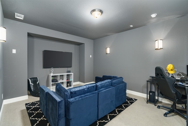 living room with a textured ceiling and carpet flooring