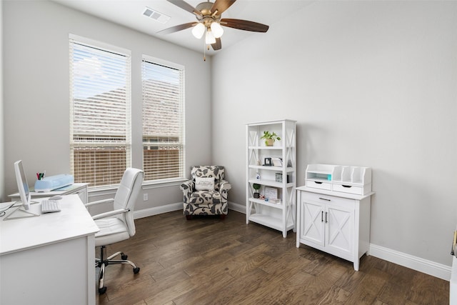 1205 Lake Hills Trl, Roanoke, TX 76262 - office space with baseboards, dark wood finished floors, ceiling fan, and visible vents