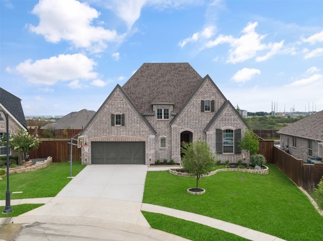 french provincial home featuring brick siding, driveway, a front yard, and fence