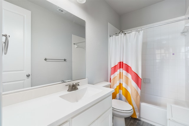 full bathroom with tile patterned floors, toilet, vanity, and shower / bathtub combination with curtain