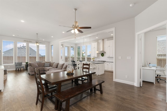 dining space with a healthy amount of sunlight, dark wood-style flooring, and a ceiling fan