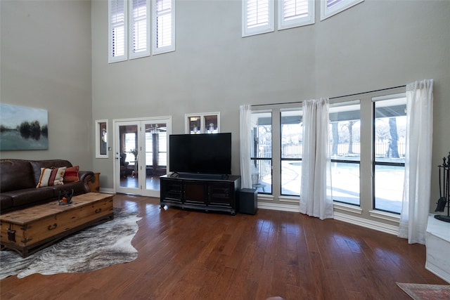 living room with a wealth of natural light, dark hardwood / wood-style flooring, and french doors