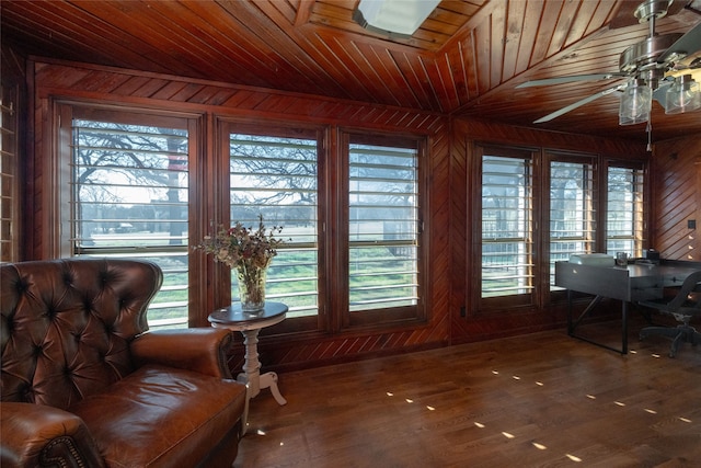 interior space featuring wooden walls, ceiling fan, wooden ceiling, vaulted ceiling, and hardwood / wood-style flooring