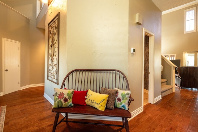 interior space with crown molding, dark wood-type flooring, and a towering ceiling