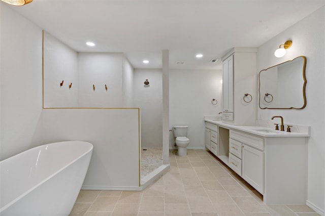 full bathroom with vanity, separate shower and tub, toilet, and tile patterned floors