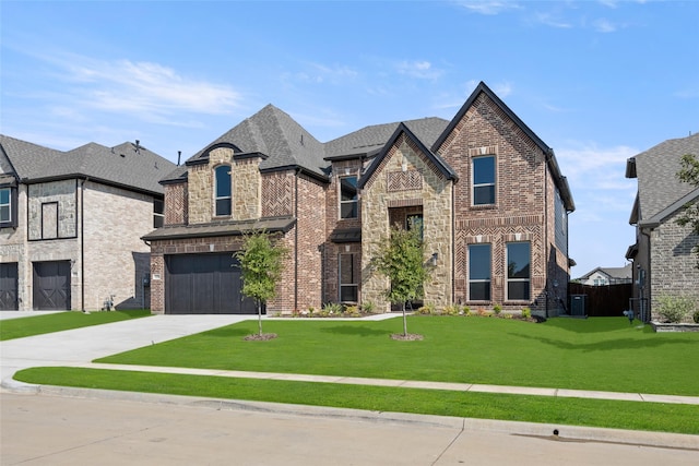 view of front facade featuring a front lawn, a garage, and central AC unit