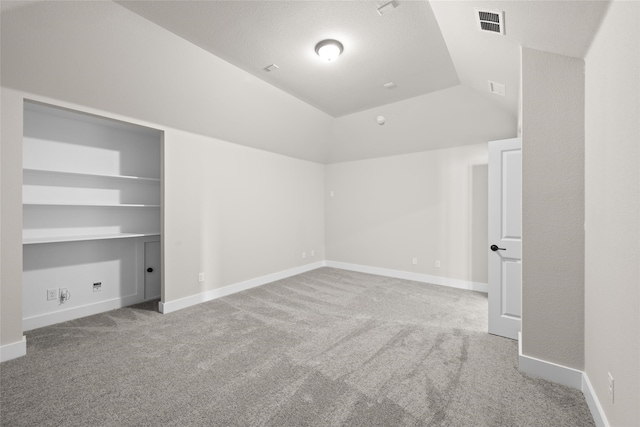 unfurnished bedroom featuring lofted ceiling, carpet flooring, and a textured ceiling