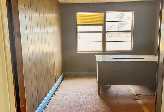 unfurnished office featuring wooden walls