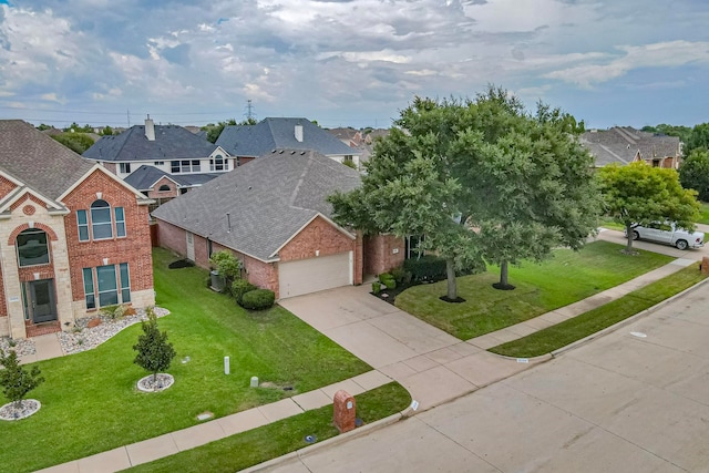 view of front of property featuring a front lawn, a garage, and central AC unit