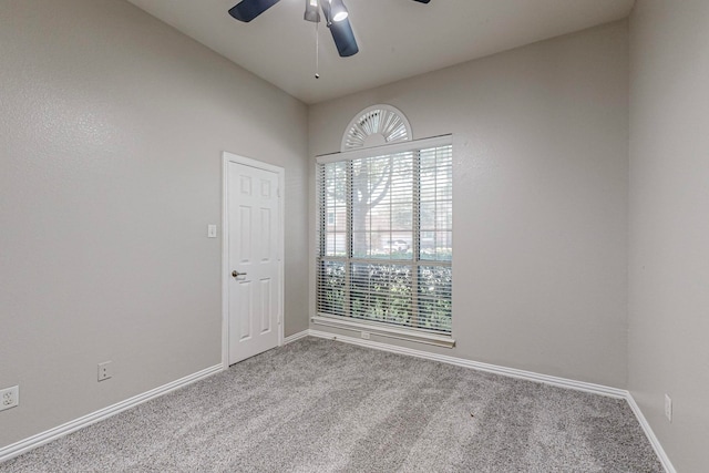 empty room with a wealth of natural light, ceiling fan, and carpet floors