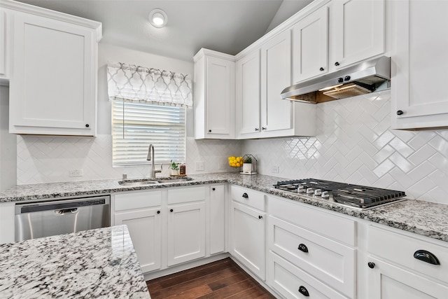 kitchen featuring dark wood-type flooring, white cabinetry, sink, and stainless steel appliances