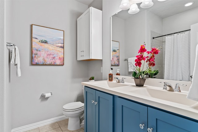 bathroom with tile patterned flooring, vanity, toilet, and walk in shower