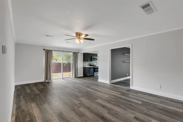 unfurnished living room featuring crown molding, ceiling fan, and dark hardwood / wood-style flooring