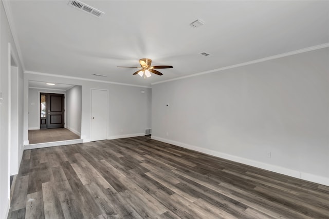 spare room with ceiling fan, ornamental molding, and hardwood / wood-style floors