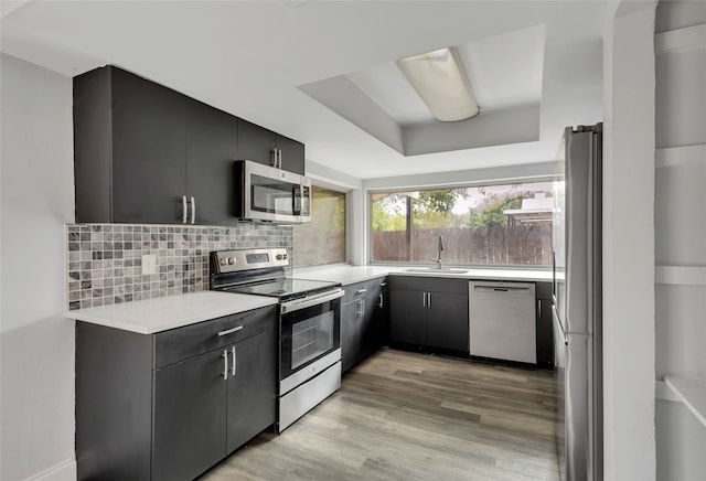 kitchen featuring a raised ceiling, light hardwood / wood-style floors, stainless steel appliances, sink, and decorative backsplash