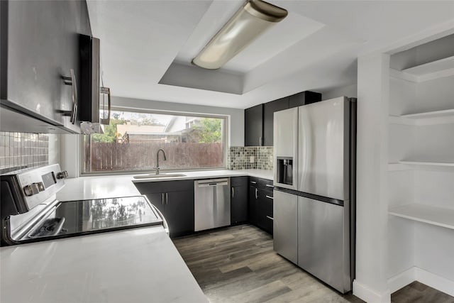 kitchen featuring stainless steel appliances, sink, a raised ceiling, dark wood-type flooring, and tasteful backsplash