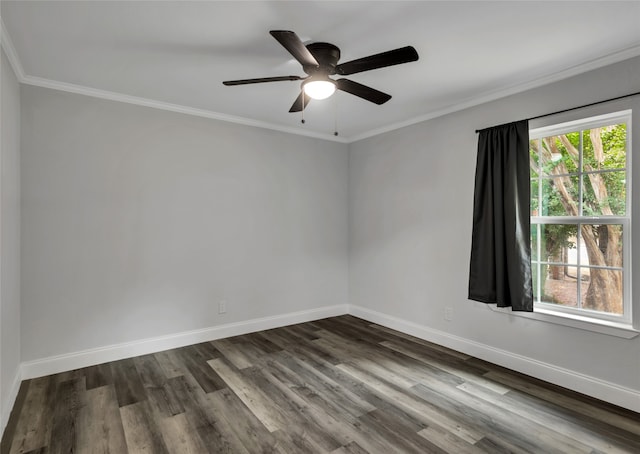 unfurnished room featuring crown molding, hardwood / wood-style flooring, and ceiling fan