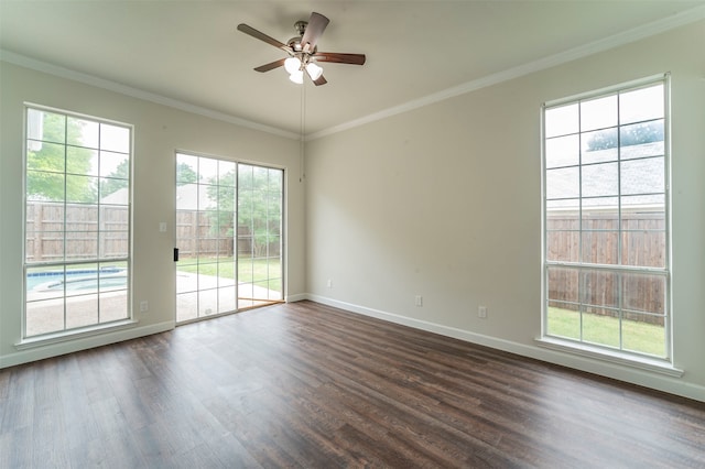 unfurnished room with ceiling fan, dark hardwood / wood-style flooring, and ornamental molding