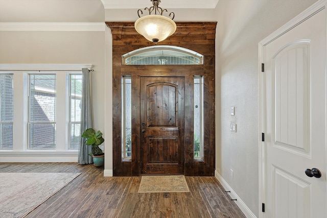 foyer with ornamental molding and dark hardwood / wood-style flooring