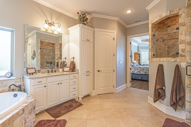 bathroom with vanity, plenty of natural light, and independent shower and bath