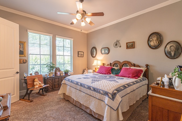 bedroom with crown molding, ceiling fan, and carpet flooring