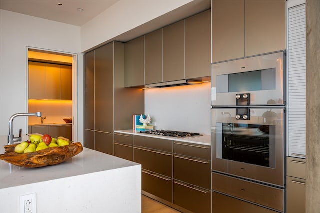 kitchen featuring stainless steel appliances, gray cabinetry, and light hardwood / wood-style floors